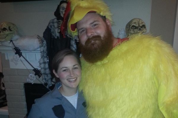 Spencer relives the chicken suit